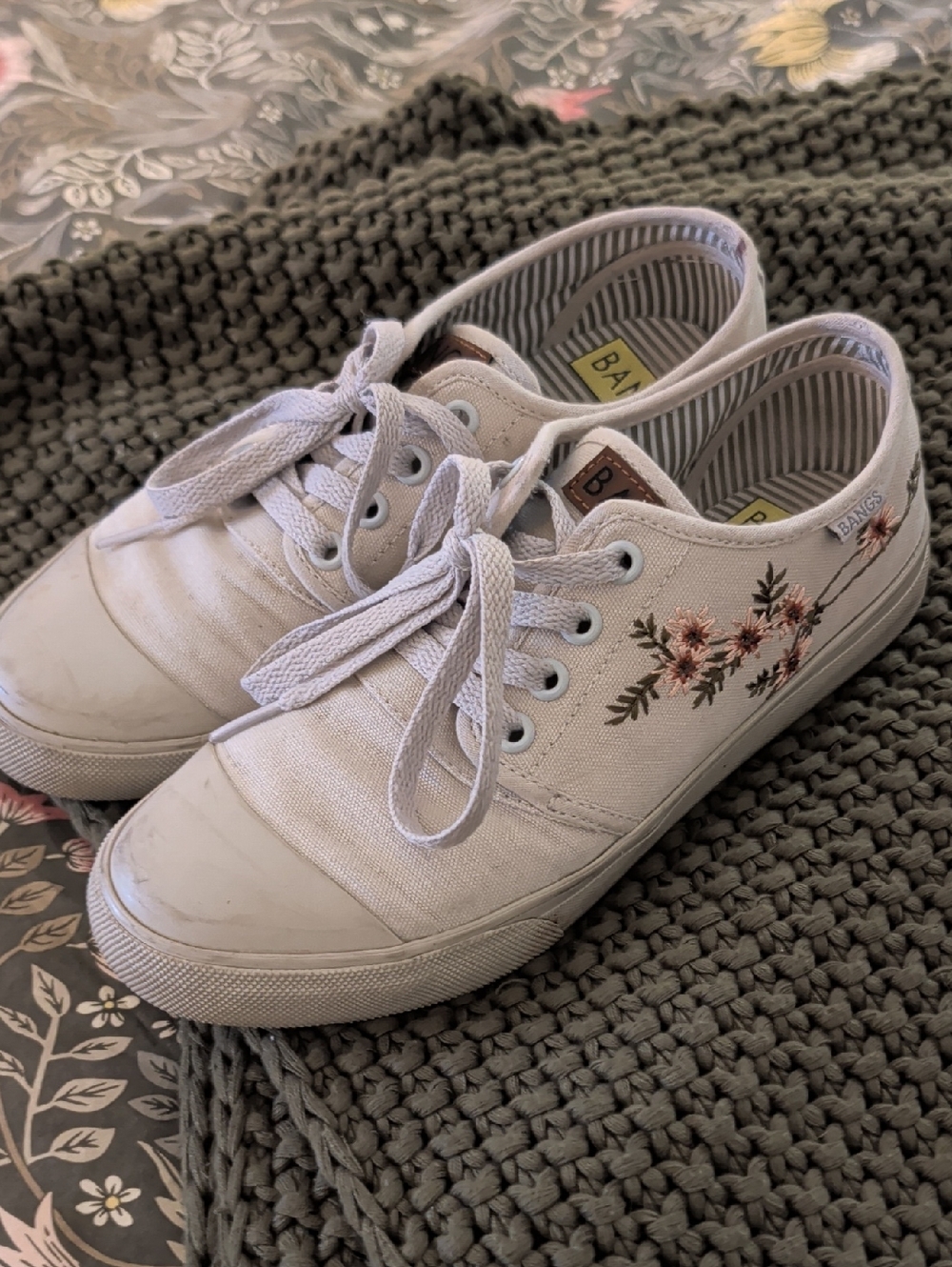Bangs Tan Canvas Lace-Up Sneakers with Pink Floral Embroidery